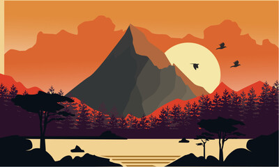 Beautiful mountain, hill, silhouette landscape vector illustration background. Vector design, with river flow