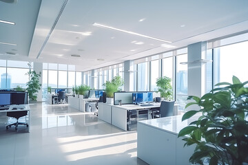 Beautiful blurred background of a light modern office interior with panoramic windows and beautiful lighting - Ai generated