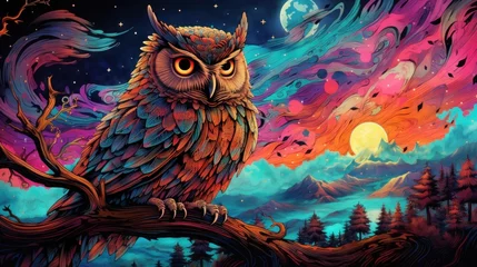 Fototapete Rund A neon blue owl perched on a neon orange moon, overlooking a vibrant cosmic sky filled with neon constellations © Tina