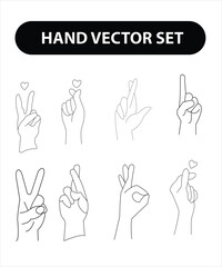 Woman's hand icon collection line. Vector Illustration of female hands of different gestures - symbol Gun, Fuck You, heart. Lineart in a trendy minimalist style.