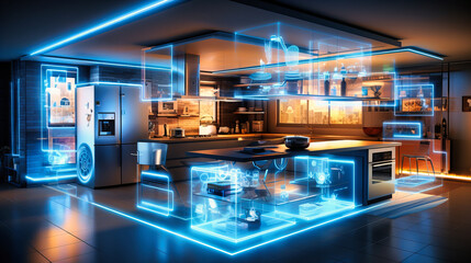 A smart kitchen where appliances converse and collaborate to prep and serve multi-course meals - obrazy, fototapety, plakaty