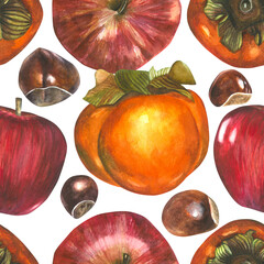 Watercolor seamless pattern for Korean holiday Chuseok. Autumn Harvest Festival. Isolated illustrations on a transparent background - persimmon, apple, chestnuts, hand-drawn