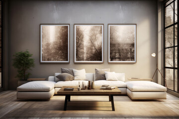 Fototapeta na wymiar Loft-style living room interior with a painting on the wall and sofas