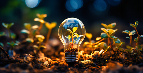 light bulb in open ground with sprouting plants around it - obrazy, fototapety, plakaty