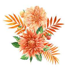 Dahlia and autumn orange leaves. Flower bouquet isolated on white background. Watercolor hand drawing flora design