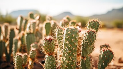 Hardy desert cacti and succulent plants thriving in hot dry sun, climate resilient, uninhabited region - generative AI