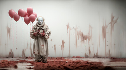 Halloween festivity. Malevolent clown near to the red balloons. Generative AI - obrazy, fototapety, plakaty