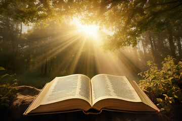 Generative AI picture of ancient holy bible book symbolizing wisdom knowledge literature