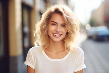 Fototapeta premium Generative AI picture of young attractive woman in the city lights backdrop