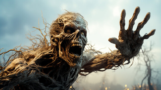 A zombie apocalypse. Undead zombie in a cemetery at daytime. Generative AI