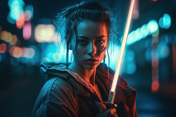 Cyberpunk girl with katana in neon city. Cyberpunk