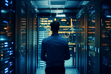 Generative ai collage image photo of professional it specialist analyzing data warehouse room