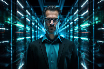 Generative ai collage image photo of professional it specialist analyzing data warehouse room