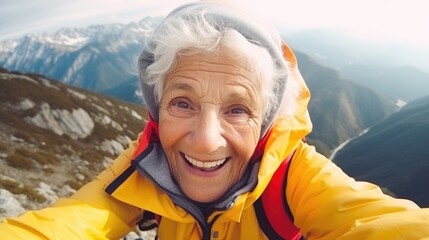 Fototapeta na wymiar Happy elderly woman taking a selfie at mountain viewpoint. Generative AI
