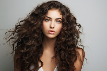 Naklejka premium Generative AI portrait of natural beauty perfect woman model demonstrating hairstyle haircut