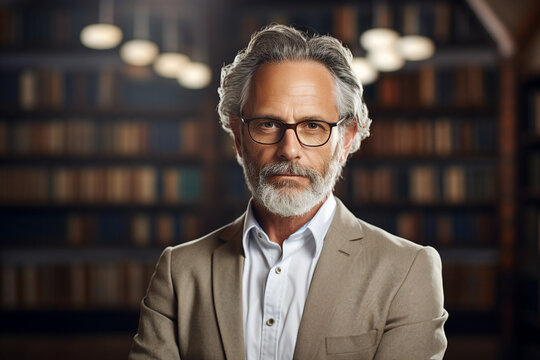 Generative AI photo of confident determined intelligent mature man standing in library