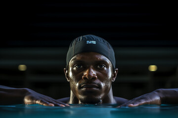 Generative AI photography of swimming man in water pool training butterfly technique and preparing olympic sport game