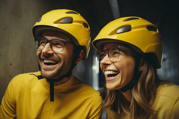 Photo made with generative AI of two best friends having fun riding on bikes in park and spending weekend together