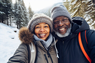 Generative AI illustration of nice aged couple traveling together winter mountains making selfies beautiful landscape nature feel young