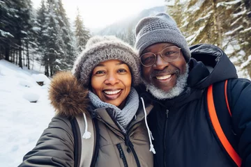 Generative AI illustration of nice aged couple traveling together winter mountains making selfies beautiful landscape nature feel young © Tetiana
