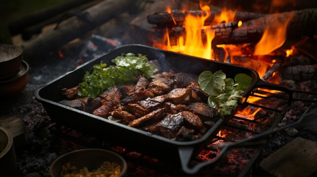 Outdoor Culinary Adventure: Cooking with Cast-Iron Skillet Over Open Fire, generative Ai