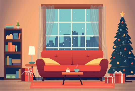 Empty living room with christmas tree and decoration.  Cozy living room for the christmas winter holidays in flat style. Vector stock