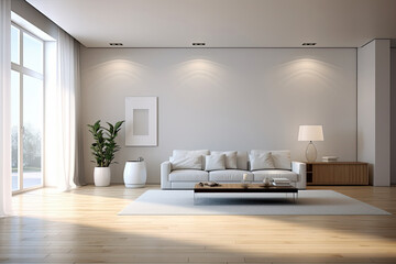 Naklejka na ściany i meble Warm tones of modern living room interior with minimal art decor design, Home interior concept, contemporary room.