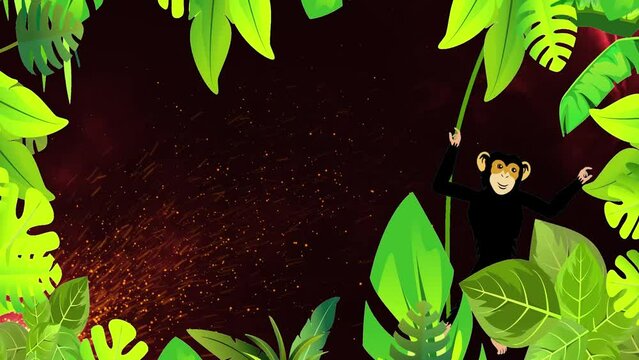Digital fire particles effects and monkey hanging in the jungle animation