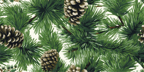 Fototapeta premium Christmas seamless pattern, white background. Green pine twigs, cones, berries. Vector illustration. Nature design. Season greeting digital paper. Winter Xmas holidays