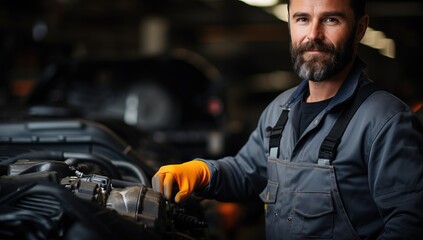 Portrait of a bearded male mechanic working in auto repair shop.