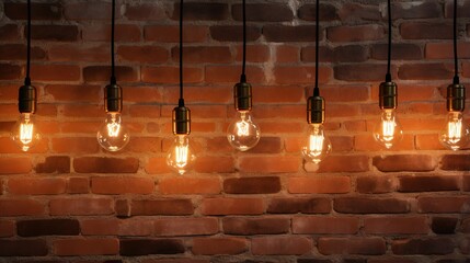 Edison-Style Light Bulbs Against Vintage Brick Wall, generative Ai