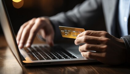 Man holding credit card and using laptop at table in cafe, closeup - obrazy, fototapety, plakaty