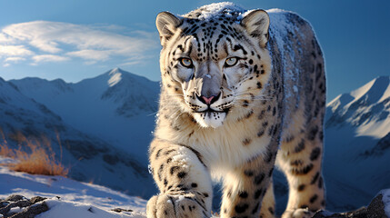 Fototapeta premium Snow Leopard Roaming the Snow-Covered Peaks. Generative AI