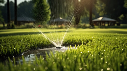 Sprinkler Dances over Verdant Park Grass in Refreshing Spray. Generative AI - obrazy, fototapety, plakaty