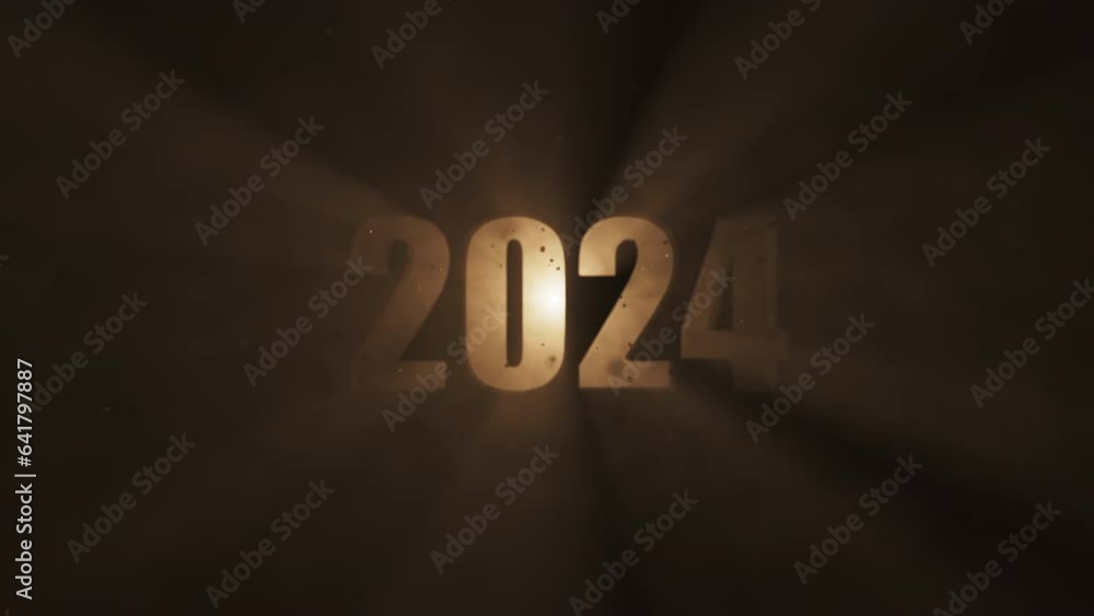 Poster 2024 new year animation. light moves and shine through 2024 numbers. 3d render.