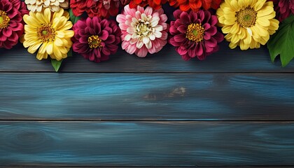 Colorful chrysanthemum flowers on blue wooden background.