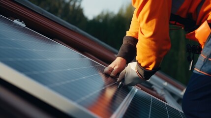 Construction worker installs solar panels on the roof of a house. Generative AI