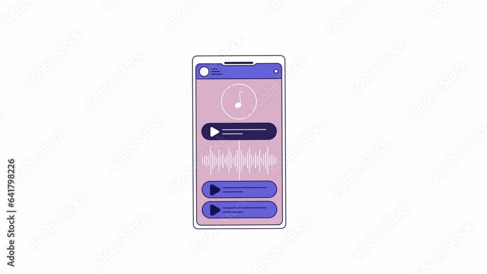 Poster music player app on smartphone line 2d object animation. playing song on mobile phone screen flat co