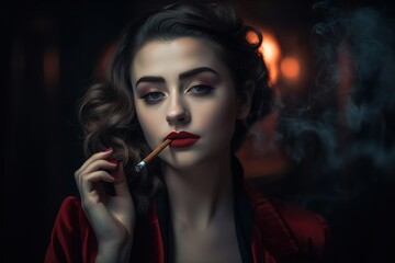 Fototapeta premium Portrait of a cute beautiful girl with red lips with a cigarette in her mouth