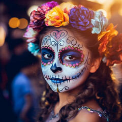 Women with painted skulls on faces against dark color background. Celebration of Mexico's Day of the Dead (El Dia de Muertos)