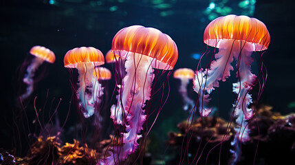 Mesmerizing Jellyfish Dance in Aquarium Darkness. Generative AI