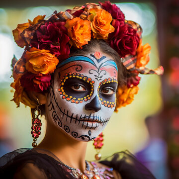 Women with painted skulls on faces against dark color background. Celebration of Mexico's Day of the Dead (El Dia de Muertos)