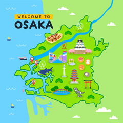 Japan Osaka map vector illustration. Welcome to Osaka. Beautiful tourist attraction.