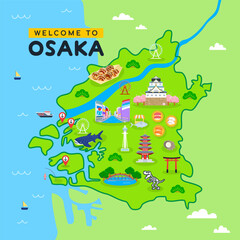 Fototapeta premium Japan Osaka map vector illustration. Welcome to Osaka. Beautiful tourist attraction.