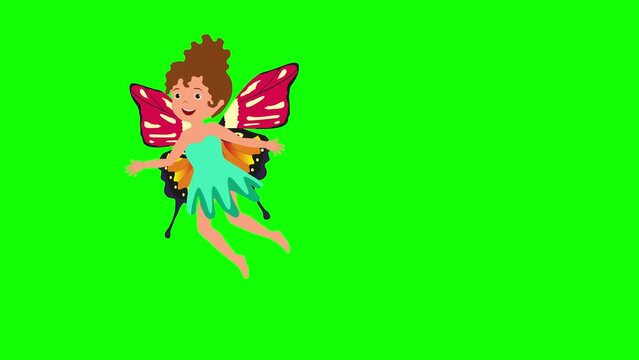 Cartoon cute fairy girl flies on green screen animation