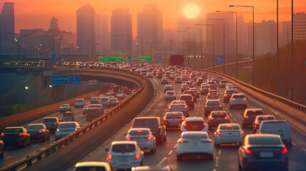 Auto on busy intercity freeway. Paramedic car in traffic jam on highway during rush hour. Transportation concept and transport in metropolis. Generative Ai