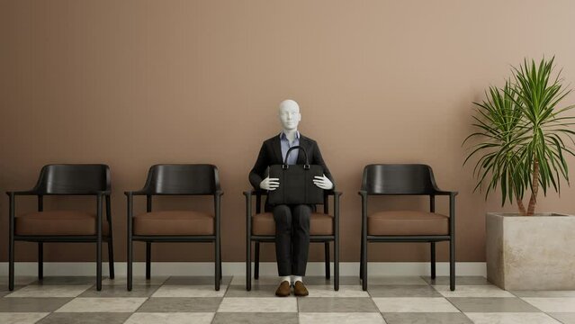 Futuristic female android robot sitting on a chair and waiting for a job interview, AI and innovation concept. 3d animation, speed motion