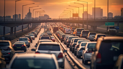traffic jam with row of cars on highway, during rush hour. Generative Ai