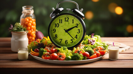 Retro clock and a Healthy food of salad. Generative AI
