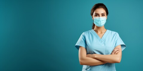 Female nurse standing arms crossed with mask isolated on blue background with copy space. Confident and gentle young woman doctor, woman power concept. - obrazy, fototapety, plakaty